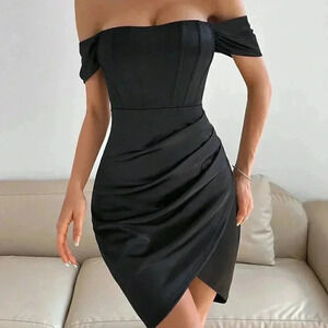 Black Preppy Womens Off Shoulder Ruched Tulip Hem Dress